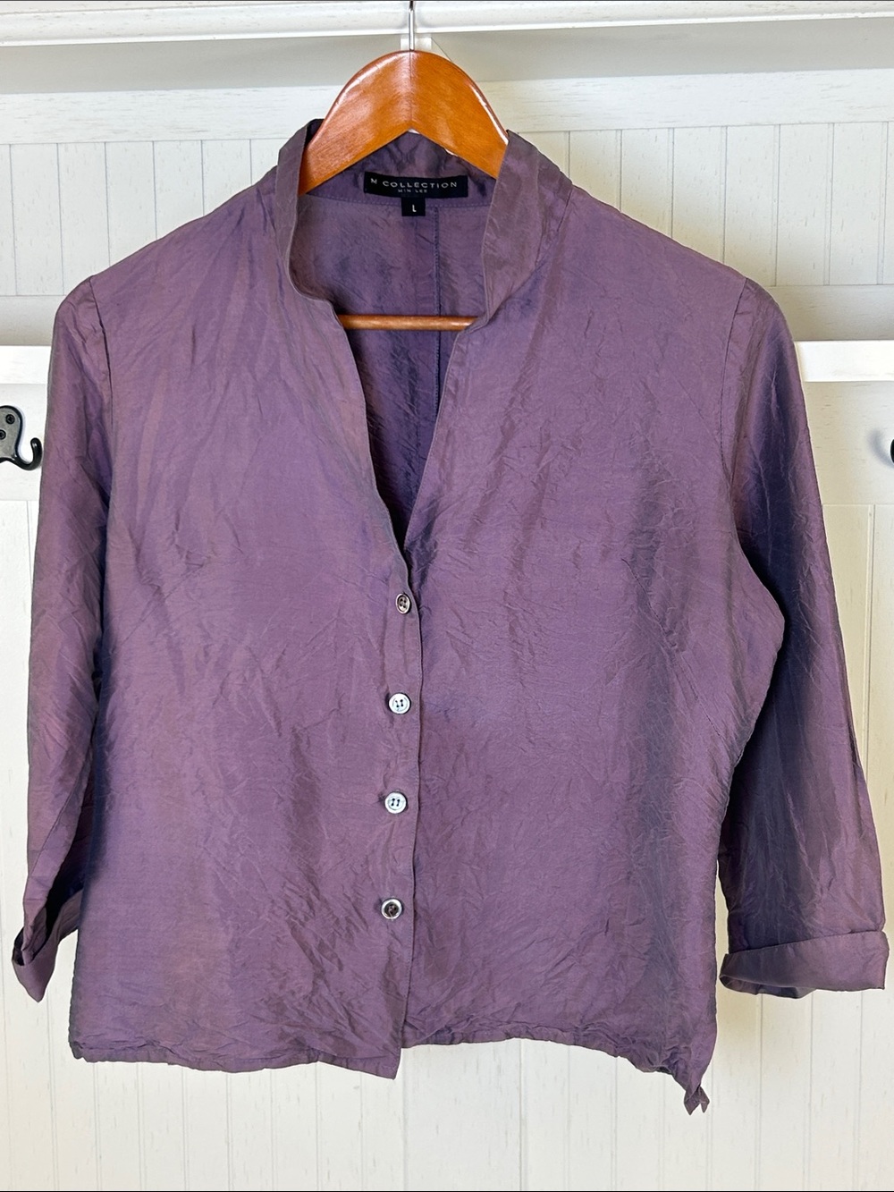M Collection 100% Silk Crinkled Blouse Purple L